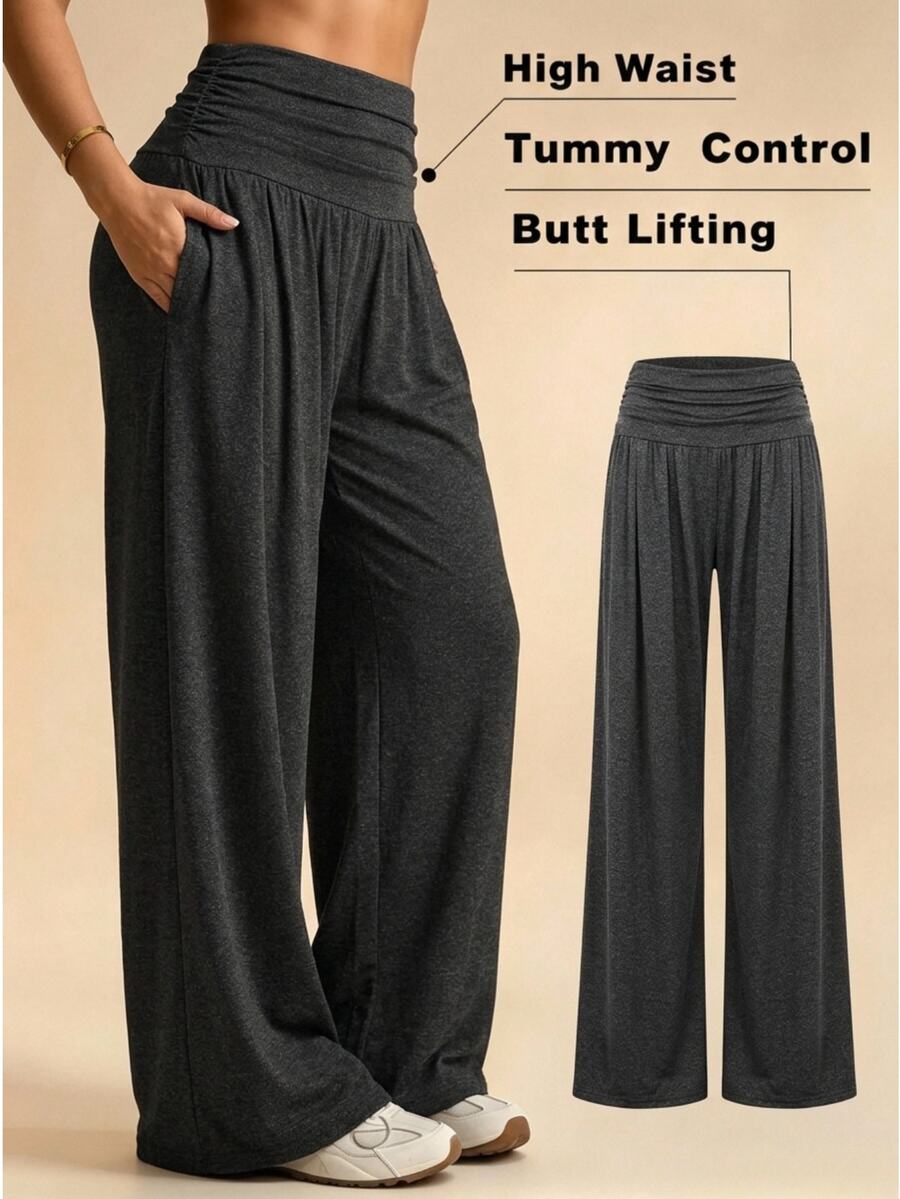 Easithlete Easithlete 2026 New Comfortable 4-Way Stretch Plus Size Women's Ruched Waist Wide Leg Sports Pants - Multicolor - View 1