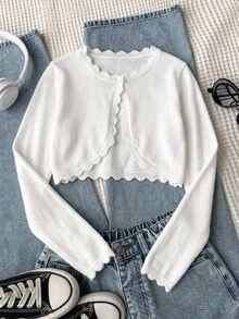 SHEIN Elladie kids 青少年女孩極簡時尚百搭純色開襟衫 秋季 - 白色 - 查看 2