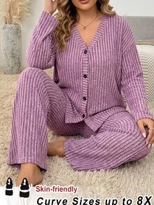 SHEIN CURVE+ Plus Drop Shoulder Button Front Coat & Wide Leg Pants Set Fall - Mauve Purple - View 5