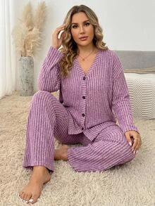 SHEIN CURVE+ Plus Drop Shoulder Button Front Coat & Wide Leg Pants Set Fall - Mauve Purple - View 7