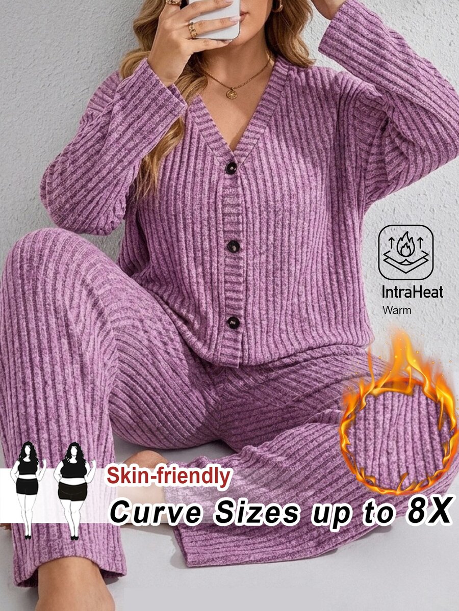 SHEIN CURVE+ Plus Drop Shoulder Button Front Coat & Wide Leg Pants Set Fall - Mauve Purple - View 1
