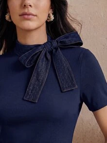 Anewsta 女士优雅梭织拼接领蝴蝶结装饰连衣裙，适合工作、约会和日常穿着，藏蓝色短袖夏季连衣裙 - 藏蓝色 - 查看 4