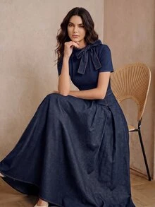 Anewsta 女士优雅梭织拼接领蝴蝶结装饰连衣裙，适合工作、约会和日常穿着，藏蓝色短袖夏季连衣裙 - 藏蓝色 - 查看 1