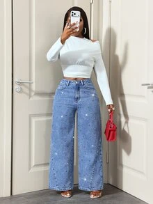 Slaydiva Women's Fashion Street Style Colorful Rhinestone Studded Versatile Blue Denim Wide Leg Pants - Dark Wash - View 6