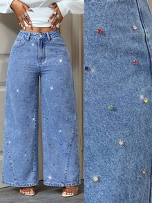 Slaydiva Women's Fashion Street Style Colorful Rhinestone Studded Versatile Blue Denim Wide Leg Pants - Dark Wash - View 1