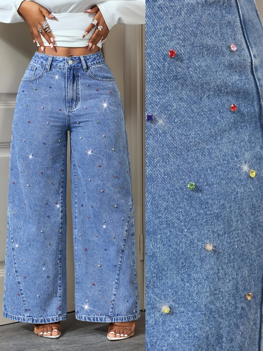 Slaydiva Women's Fashion Street Style Colorful Rhinestone Studded Versatile Blue Denim Wide Leg Pants - Dark Wash - View 1