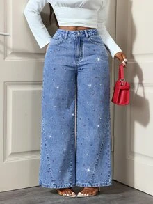 Slaydiva Women's Fashion Street Style Colorful Rhinestone Studded Versatile Blue Denim Wide Leg Pants - Dark Wash - View 7