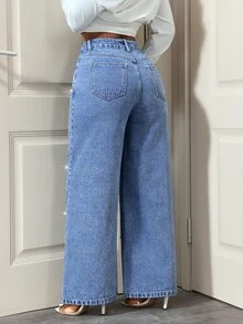 Slaydiva Women's Fashion Street Style Colorful Rhinestone Studded Versatile Blue Denim Wide Leg Pants - Dark Wash - View 2
