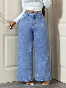 Slaydiva Women's Fashion Street Style Colorful Rhinestone Studded Versatile Blue Denim Wide Leg Pants - Dark Wash - View 4
