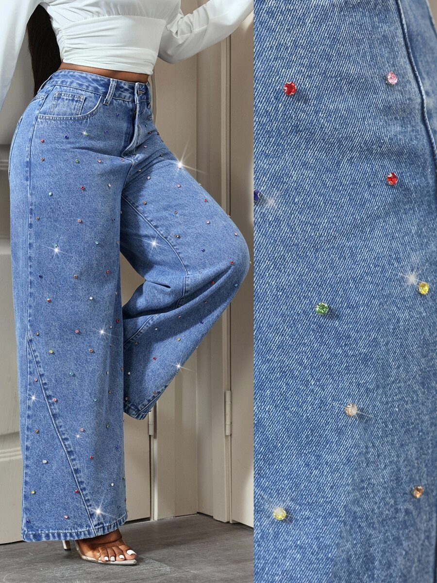Slaydiva Women's Fashion Street Style Colorful Rhinestone Studded Versatile Blue Denim Wide Leg Pants - Dark Wash - View 1