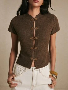 Poéselle Áo cardigan nữ tay ngắn phong cách retro với thiết kế cúc hình ếch, kiểu Trung Quốc, dệt kim, màu nâu cà phê, thanh lịch thập niên 90, phù hợp hẹn hò, tiệc tùng, mặc hàng ngày, mùa thu - màu nâu - Xem 5