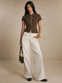 Poéselle Áo cardigan nữ tay ngắn phong cách retro với thiết kế cúc hình ếch, kiểu Trung Quốc, dệt kim, màu nâu cà phê, thanh lịch thập niên 90, phù hợp hẹn hò, tiệc tùng, mặc hàng ngày, mùa thu - màu nâu - Xem 7
