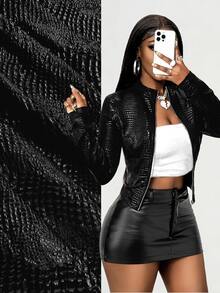 BamGleam Burgundy Faux Leather Texture Slim Fit Zip-Up Jacket With Stand Collar - Black - View 4