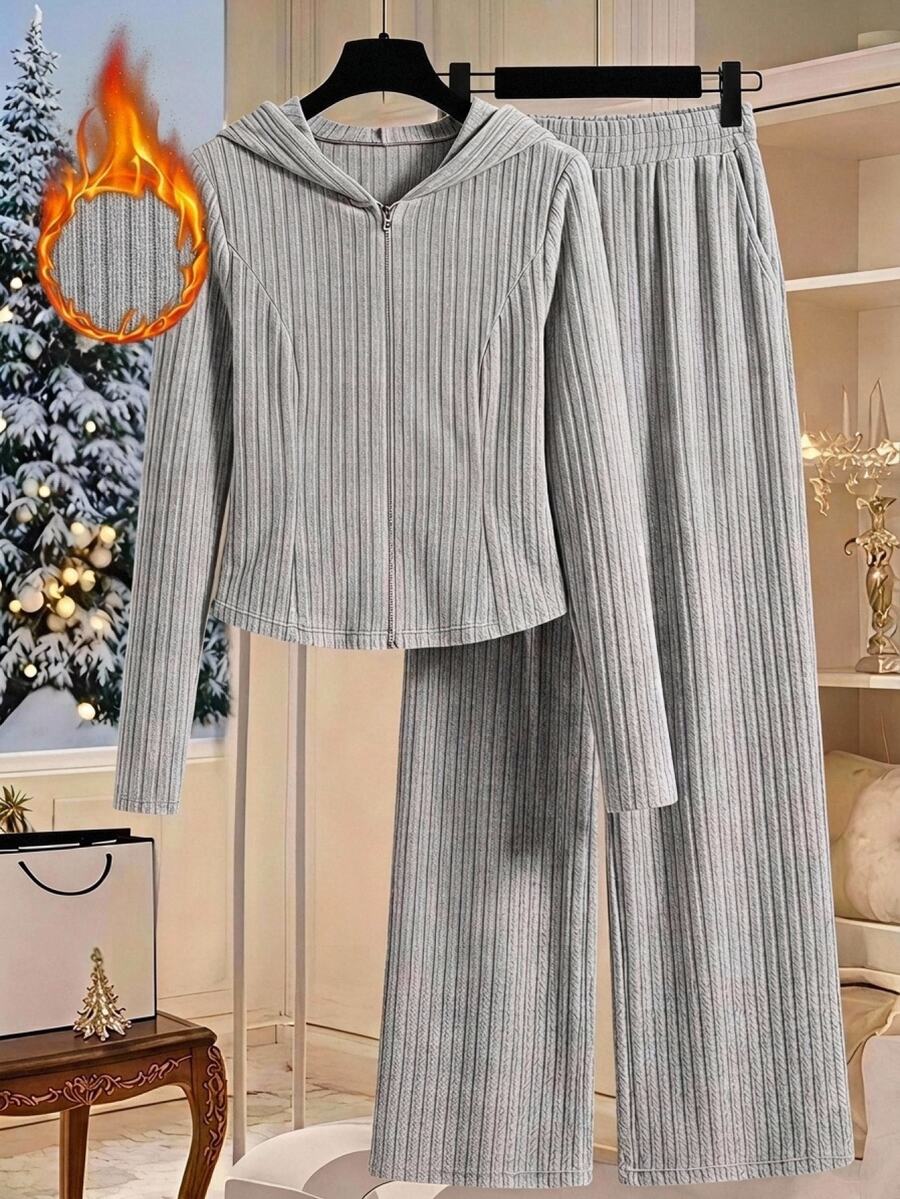 SHEIN LUNE 大尺碼女款保暖內裡拉鍊連帽外套與長褲兩件套,灰色冬季休閒居家服,柔軟舒適,適合正式度假與居家穿著 - 灰色 - 查看 1
