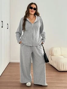 SHEIN LUNE 大尺碼女款保暖內裡拉鍊連帽外套與長褲兩件套，灰色冬季休閒居家服，柔軟舒適，適合正式度假與居家穿著 - 灰色 - 查看 6