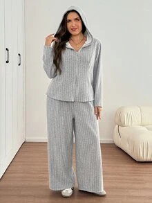 SHEIN LUNE 大尺碼女款保暖內裡拉鍊連帽外套與長褲兩件套，灰色冬季休閒居家服，柔軟舒適，適合正式度假與居家穿著 - 灰色 - 查看 5