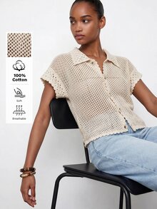 Maija 白色女款針織連袖開襟衫，適合假期度假、秋季、鄉村風、波希米亞風 - 杏色 - 查看 8