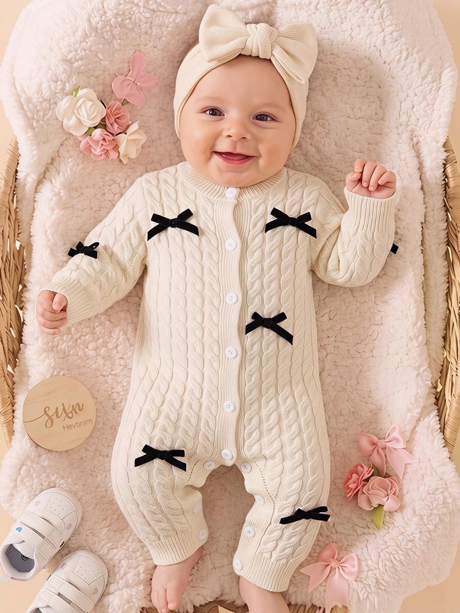 SHEIN Baby Girl Bow Decor Button Knit Romper - Apricot - View 1