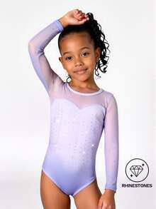 3pcs/Set Young Girls' Long Sleeve Rainbow Gymnastics Leotard,Headband,Shorts Set,High Stretch Rhinestone Summer Training, Dance 7th Birthday Princess - Cadet Blue - View 4