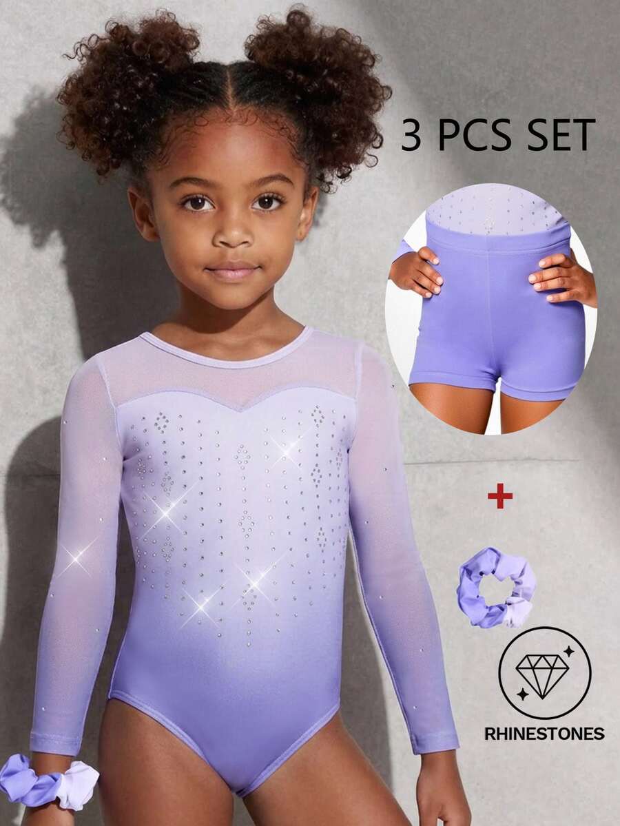 3pcs/Set Young Girls' Long Sleeve Rainbow Gymnastics Leotard,Headband,Shorts Set,High Stretch Rhinestone Summer Training, Dance 7th Birthday Princess
