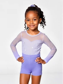 3pcs/Set Young Girls' Long Sleeve Rainbow Gymnastics Leotard,Headband,Shorts Set,High Stretch Rhinestone Summer Training, Dance 7th Birthday Princess - Cadet Blue - View 7