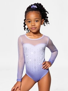 3pcs/Set Young Girls' Long Sleeve Rainbow Gymnastics Leotard,Headband,Shorts Set,High Stretch Rhinestone Summer Training, Dance 7th Birthday Princess - Cadet Blue - View 6