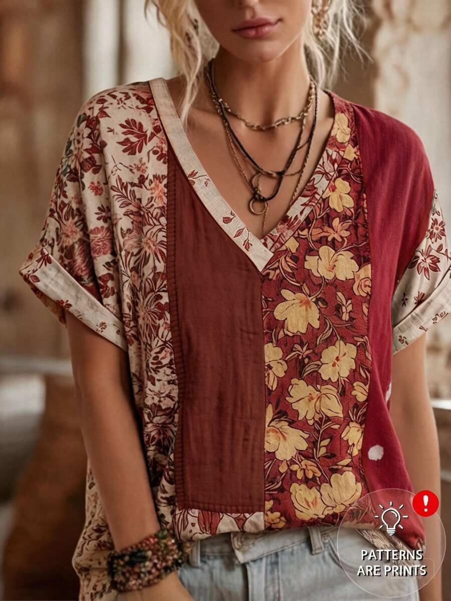 SHEIN LUNE 女款復古花卉印花V領短袖休閒寬鬆上衣,適合日常穿著、工作、旅行與度假 - 彩色 - 查看 1