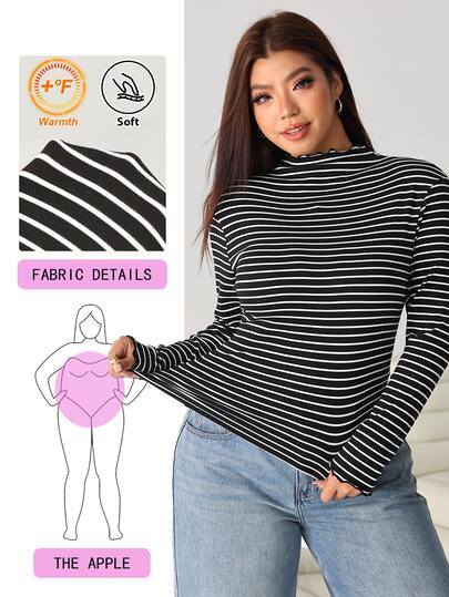 Solflare Plus Size Women's Black & White Striped Long Sleeve Mock Neck Thick T-Shirt, Autumn/Winter