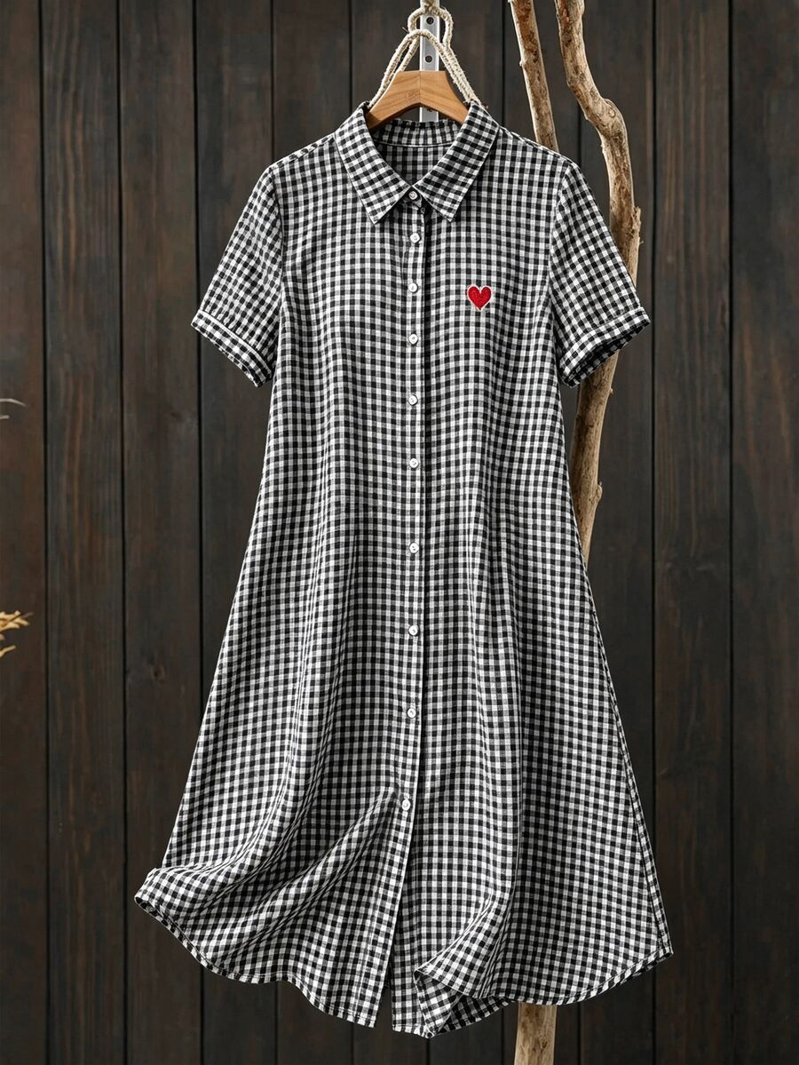 Linhara 休閒優雅編織格紋愛心刺繡短袖鈕扣領長版襯衫洋裝 大尺碼女款 - 黑與白 - 查看 1