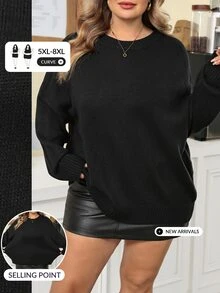 SHEIN CURVE+ Plus Size Black Solid Color Long Sleeve V-Neck Loose Knit Sweater, Suitable For Petite Version, Autumn/Winter - Black - View 3
