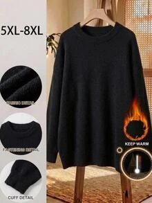 SHEIN CURVE+ Plus Size Black Solid Color Long Sleeve V-Neck Loose Knit Sweater, Suitable For Petite Version, Autumn/Winter - Black - View 1