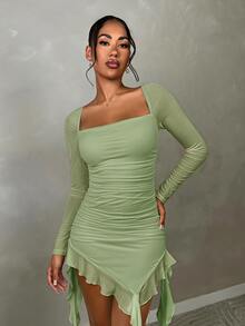 SHEIN BAE Women's Asymmetric Hem Long Sleeve Elegant Date/Party Cocktail Dress With Ruffle And Mesh Trim, Suitable For Back To School, Prom,Sage Green Dress - Mint Green - View 5