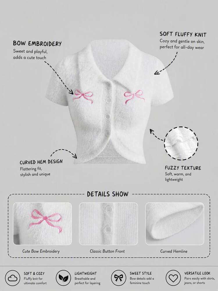 Sweetness Bow Embroidery Button Front Fluffy Knit Top Autumn Clothes Fall Cute Top White - White - View 7