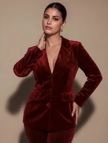 SHEIN BAE CURVE 大尺碼女款酒紅色天鵝絨西裝外套與長褲休閒套裝；純色酒紅色秋季套裝；優雅剪裁套裝；萬聖節 - 酒紅色 - 查看 4