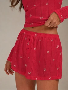 Athîral 女款休閒紅色碎花長袖上衣與短褲家居服套裝，適合秋季，可愛家居服套裝 - 紅色 - 查看 6