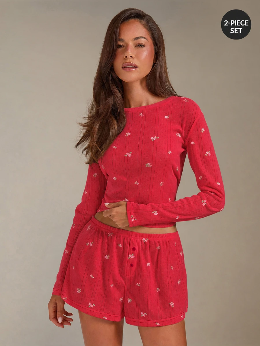 Athîral 女款休閒紅色碎花長袖上衣與短褲家居服套裝，適合秋季，可愛家居服套裝 - 紅色 - 查看 1