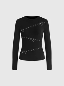 ROMWE Y2K Dark Punk Hot Girl Metal Eyelet Webbing Decor Women Slim Fit Long Sleeve T-Shirt - Black - View 7