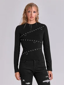 ROMWE Y2K Dark Punk Hot Girl Metal Eyelet Webbing Decor Women Slim Fit Long Sleeve T-Shirt - Black - View 5