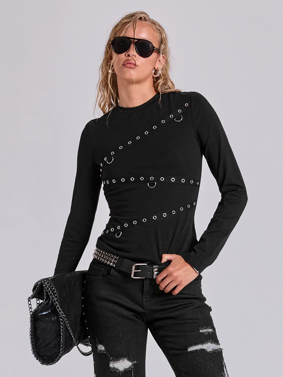 ROMWE Y2K Dark Punk Hot Girl Metal Eyelet Webbing Decor Women Slim Fit Long Sleeve T-Shirt - Black - View 1