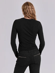 ROMWE Y2K Dark Punk Hot Girl Metal Eyelet Webbing Decor Women Slim Fit Long Sleeve T-Shirt - Black - View 6