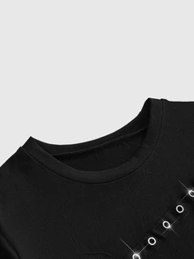 ROMWE Y2K Dark Punk Hot Girl Metal Eyelet Webbing Decor Women Slim Fit Long Sleeve T-Shirt - Black - View 8
