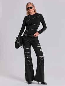 ROMWE Y2K Dark Punk Hot Girl Metal Eyelet Webbing Decor Women Slim Fit Long Sleeve T-Shirt - Black - View 3