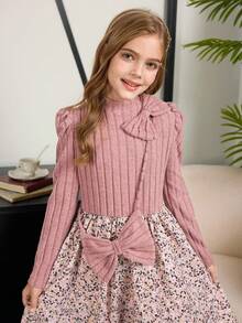 Vintaside Kids 少女花卉拼布蝴蝶结装饰连衣裙 - 粉色 - 查看 4