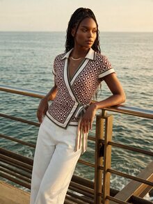 CAJUNI Short-Sleeved Tailored Shirt With Side-Tie Detail And Leaf-Plaid Print - Multicolor - View 5