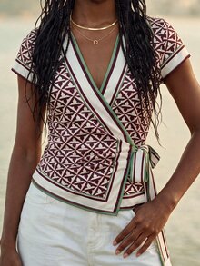 CAJUNI Short-Sleeved Tailored Shirt With Side-Tie Detail And Leaf-Plaid Print - Multicolor - View 3