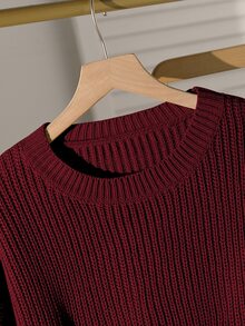 Solid Color Casual Lazy Pullover Sweater Girl Round Neck Autumn/Winter New Loose Fit Versatile Knit Top Short - Burgundy - View 3