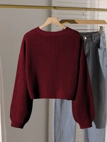 Solid Color Casual Lazy Pullover Sweater Girl Round Neck Autumn/Winter New Loose Fit Versatile Knit Top Short - Burgundy - View 2