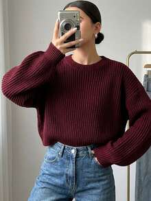 Solid Color Casual Lazy Pullover Sweater Girl Round Neck Autumn/Winter New Loose Fit Versatile Knit Top Short - Burgundy - View 8