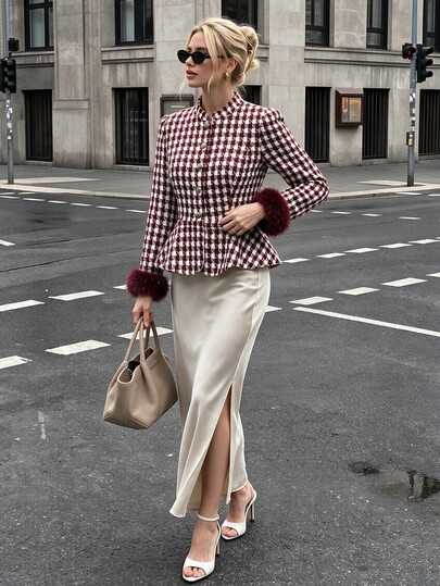 Struktiv 2026 ny kort jacka för hösten i tweed med rutig patchwork och fuskpälskant, 70-talsretro, urban elegant, för vardagsbruk, streetwear, pendling, kontor och fest, vit jul