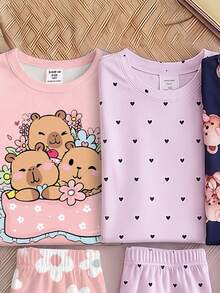[Randomly Send 1set]Girls Fashionable Cute Koala Pattern Print Pink Base Round Neck Pullover Long Sleeve Pants Knit Fabric Comfortable Soft High Elasticity Slim Fit Two Pieces Set Loungewear - Multicolor - View 6